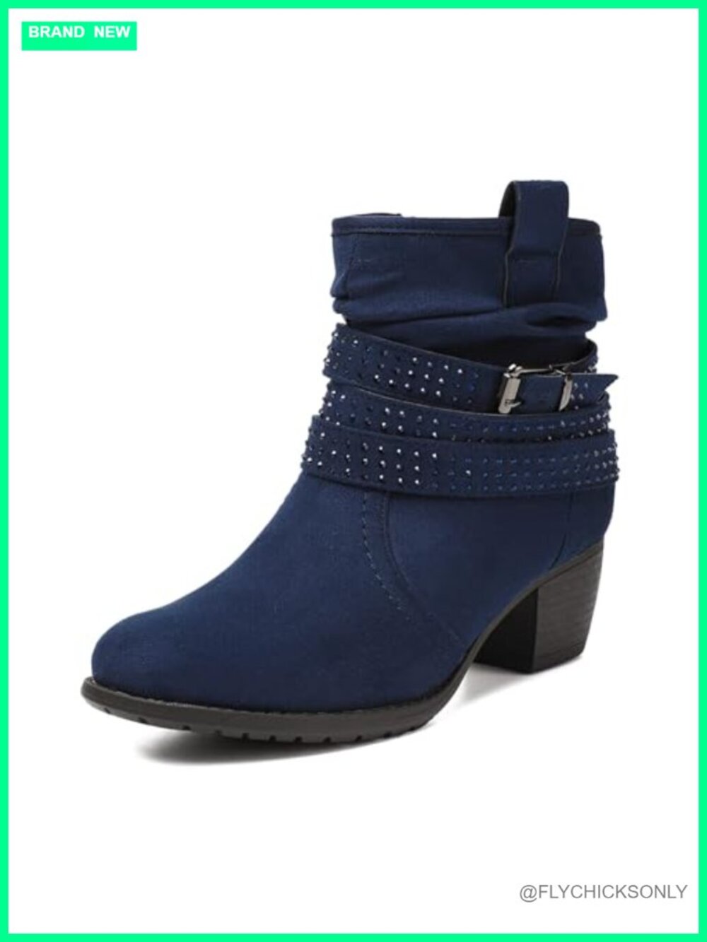 Mid Calf Boots Round Toe Low Heel Slouchy Dress Booties Jeweled Strap Faux